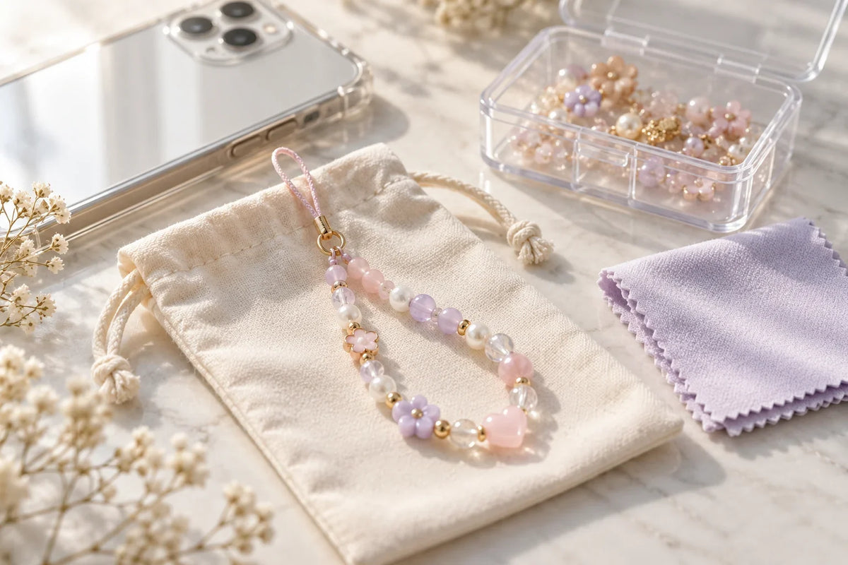 Handmade beaded phone charm stored in a pouch with a microfiber cleaning cloth
