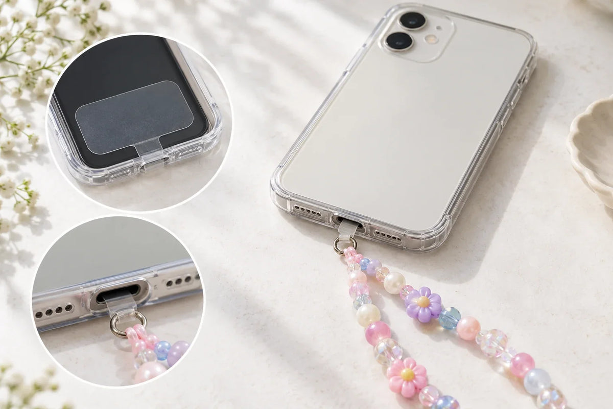 Transparent PVC phone strap patch connecting a beaded phone charm through the charging-port opening