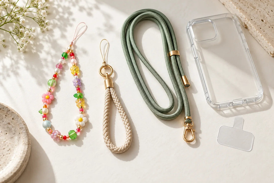 Beaded phone charm, short phone strap and phone lanyard compared on a light background