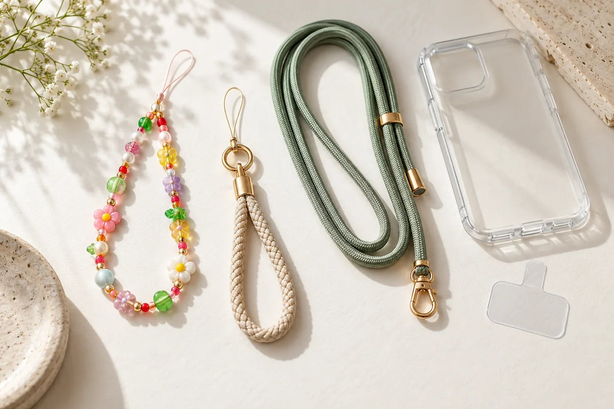 Beaded phone charm, short phone strap and phone lanyard compared on a light background