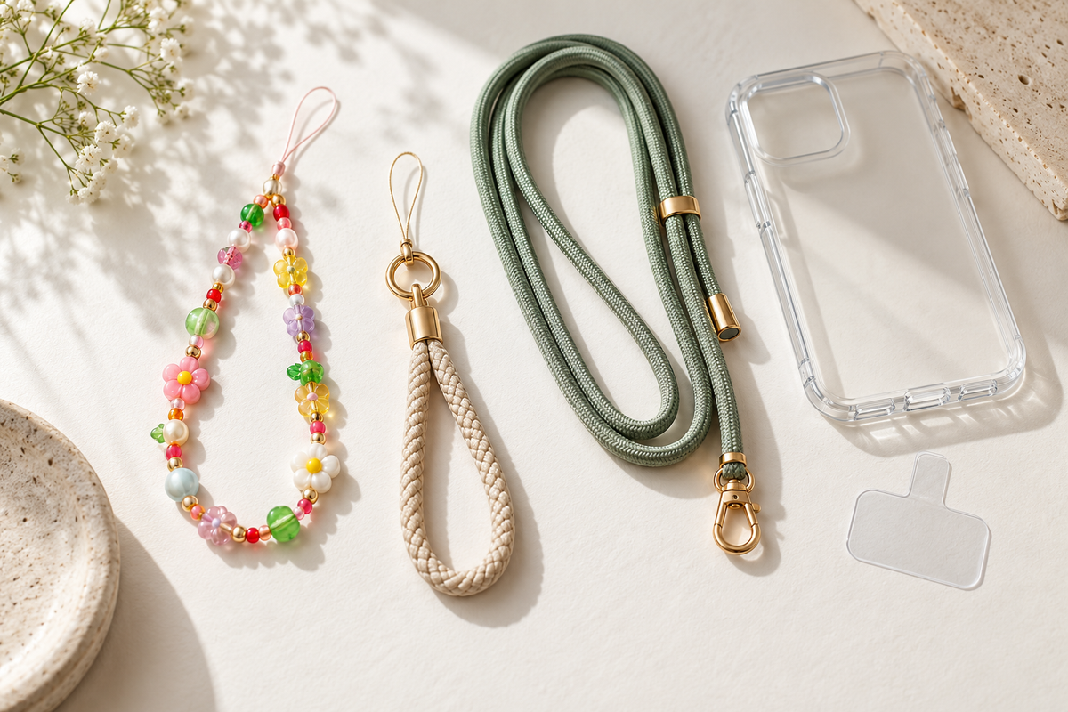 Beaded phone charm, short phone strap and phone lanyard compared on a light background