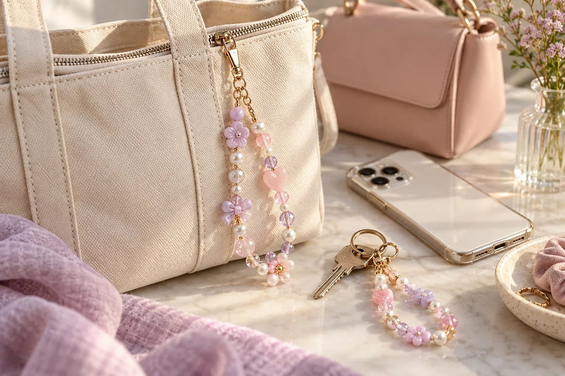 Pastel beaded phone charm styled on a tote bag, handbag and keyring