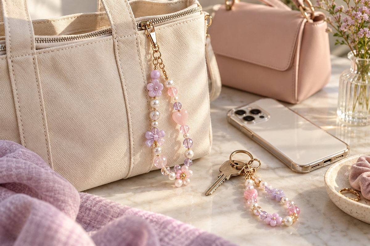 Pastel beaded phone charm styled on a tote bag, handbag and keyring