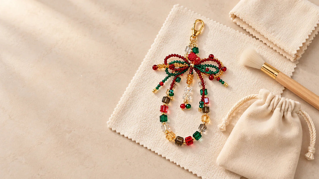 Beaded car charm with a soft brush, microfiber cloth, and storage pouch for gentle care