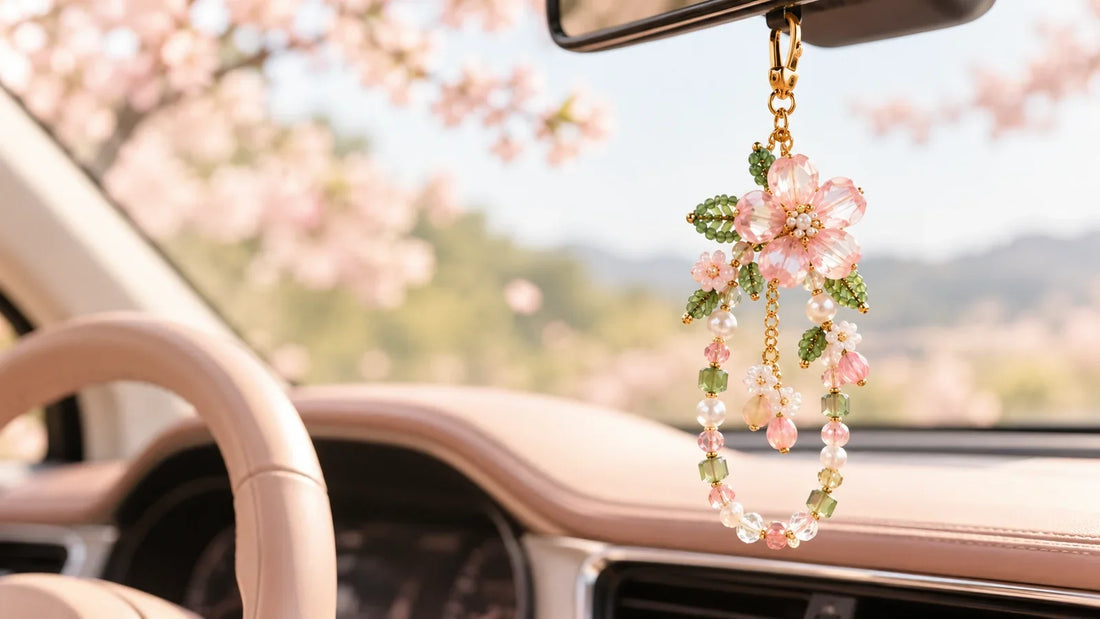 Pink floral beaded car charm hanging in a soft spring car interior