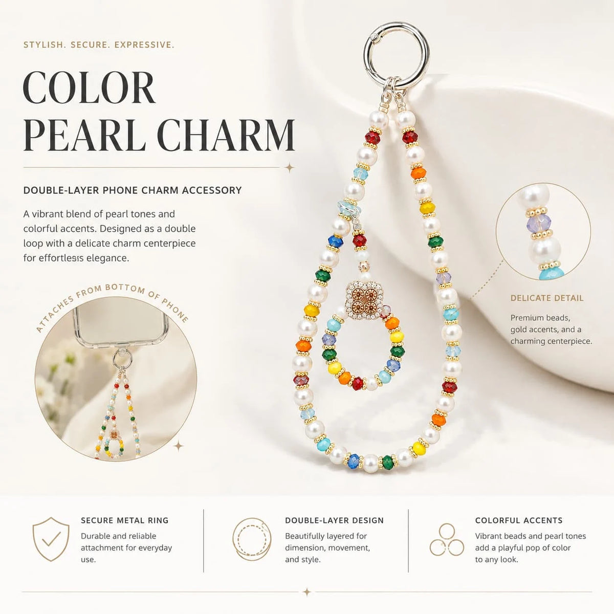 Colorful Beaded Lucky Lock Phone Charm — Vintage Pearl Bead Charm