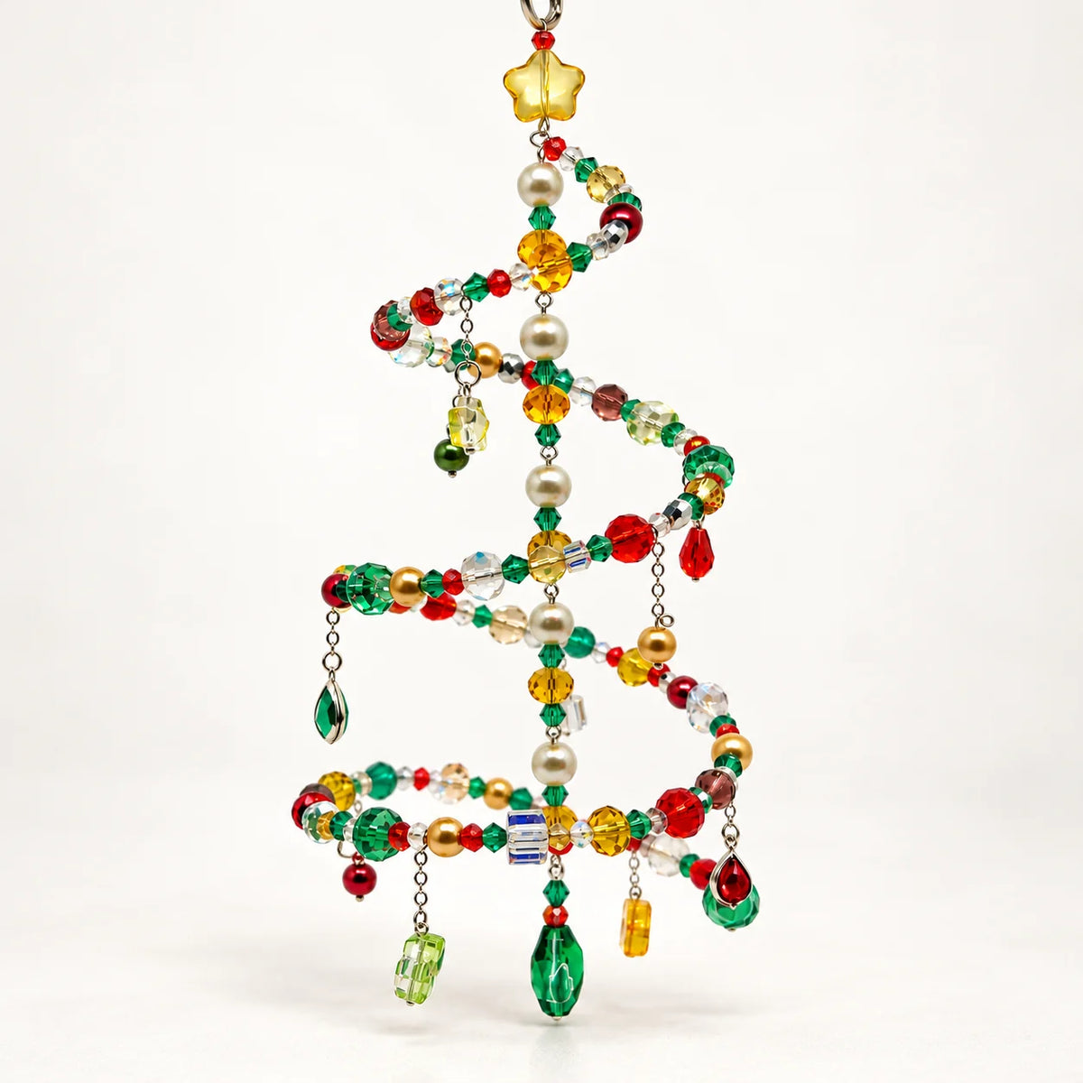 Handmade beaded Christmas tree car pendant charm, crystal pearl rearview mirror ornament for holiday decor
