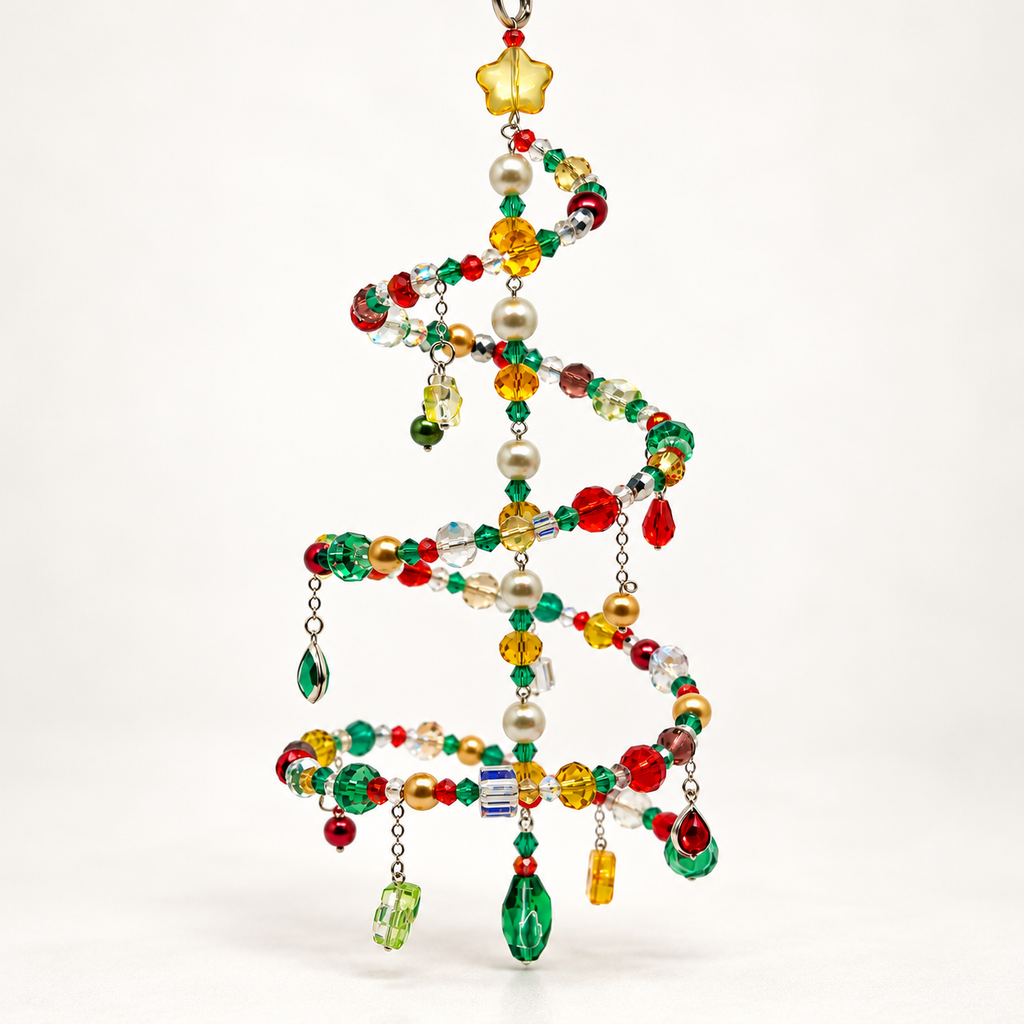 Handmade beaded Christmas tree car pendant charm, crystal pearl rearview mirror ornament for holiday decor