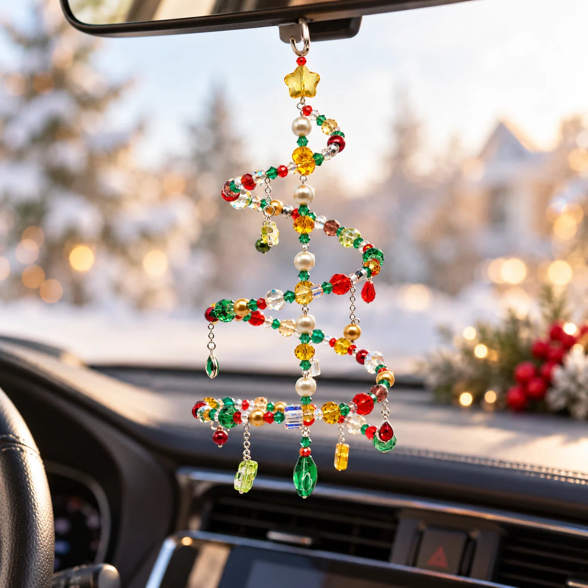 Handmade beaded Christmas tree car pendant charm, crystal pearl rearview mirror ornament for holiday decor