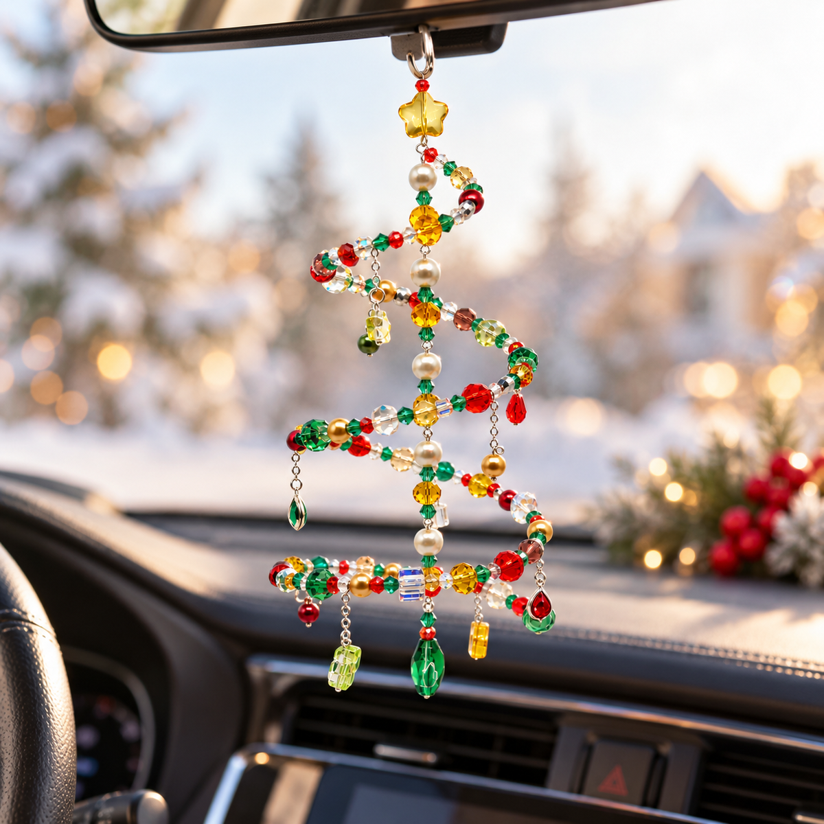 Handmade beaded Christmas tree car pendant charm, crystal pearl rearview mirror ornament for holiday decor