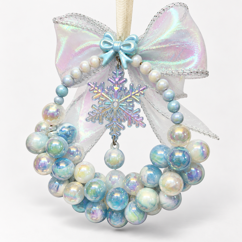 Close up of iridescent holographic acrylic snowflake charm for winter handmade car pendant ornament