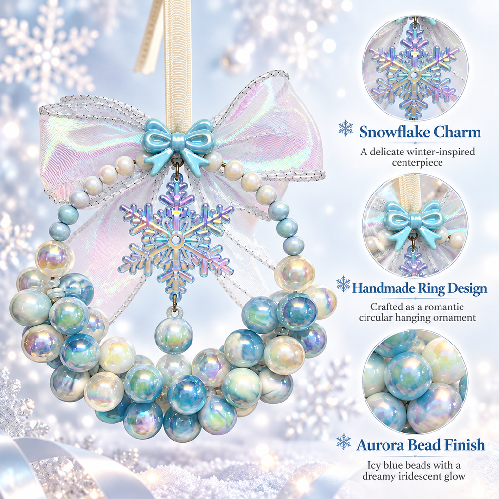 Close-up view of sheer holographic organza bow with mini blue resin bow for aurora bead wreath car charm