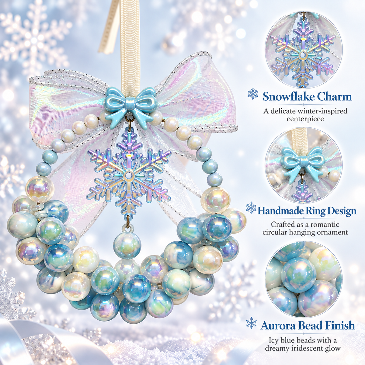 Close-up view of sheer holographic organza bow with mini blue resin bow for aurora bead wreath car charm