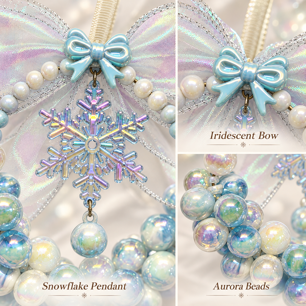 Macro shot of dreamy color shifting aurora marbled beads on handmade ice wreath car hanging ornament