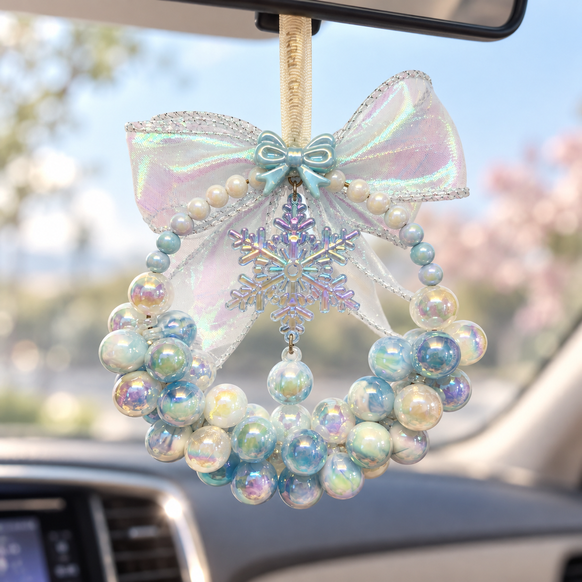 Handmade Aurora Ice Wreath car pendant charm, iridescent blue aurora beaded ring ornament with holographic snowflake charm and sheer organza bow, winter Christmas hanging decor