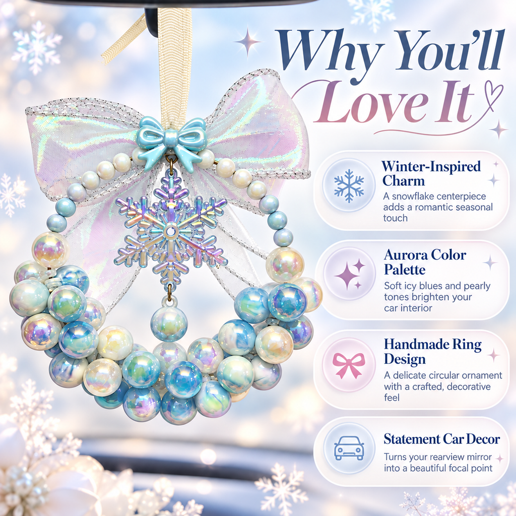 Aurora Ice Wreath handmade car pendant charm, icy iridescent beaded ring with snowflake and holographic bow, winter Christmas hanging decoration