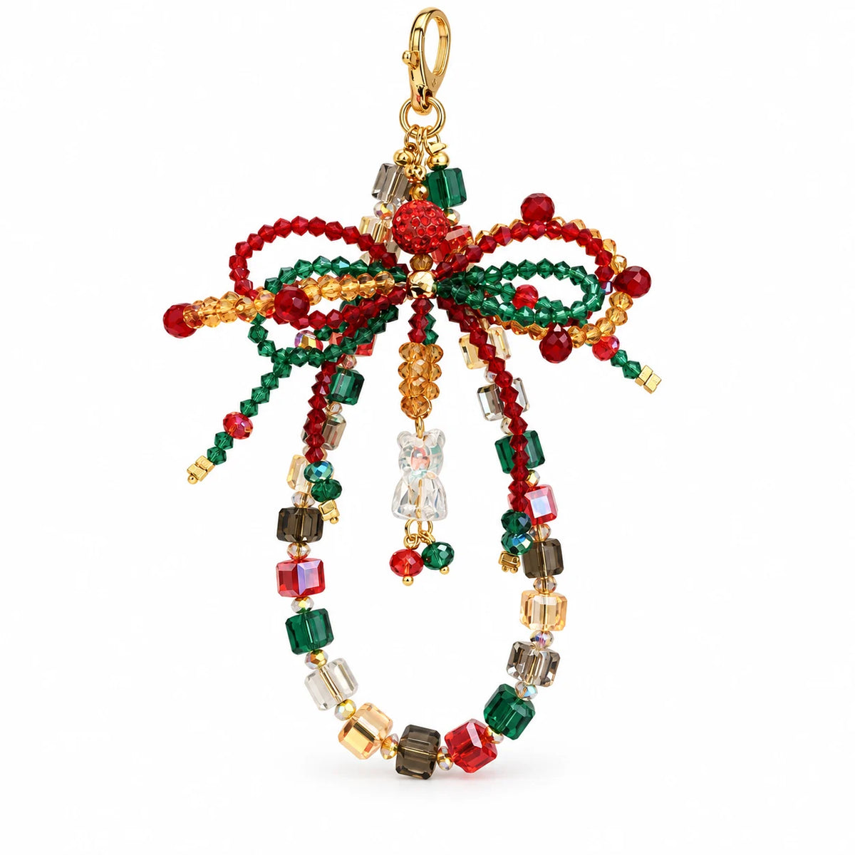 Handmade Christmas bow beaded phone charm, red green crystal bag charm keychain with bell pendant, festive holiday accessory