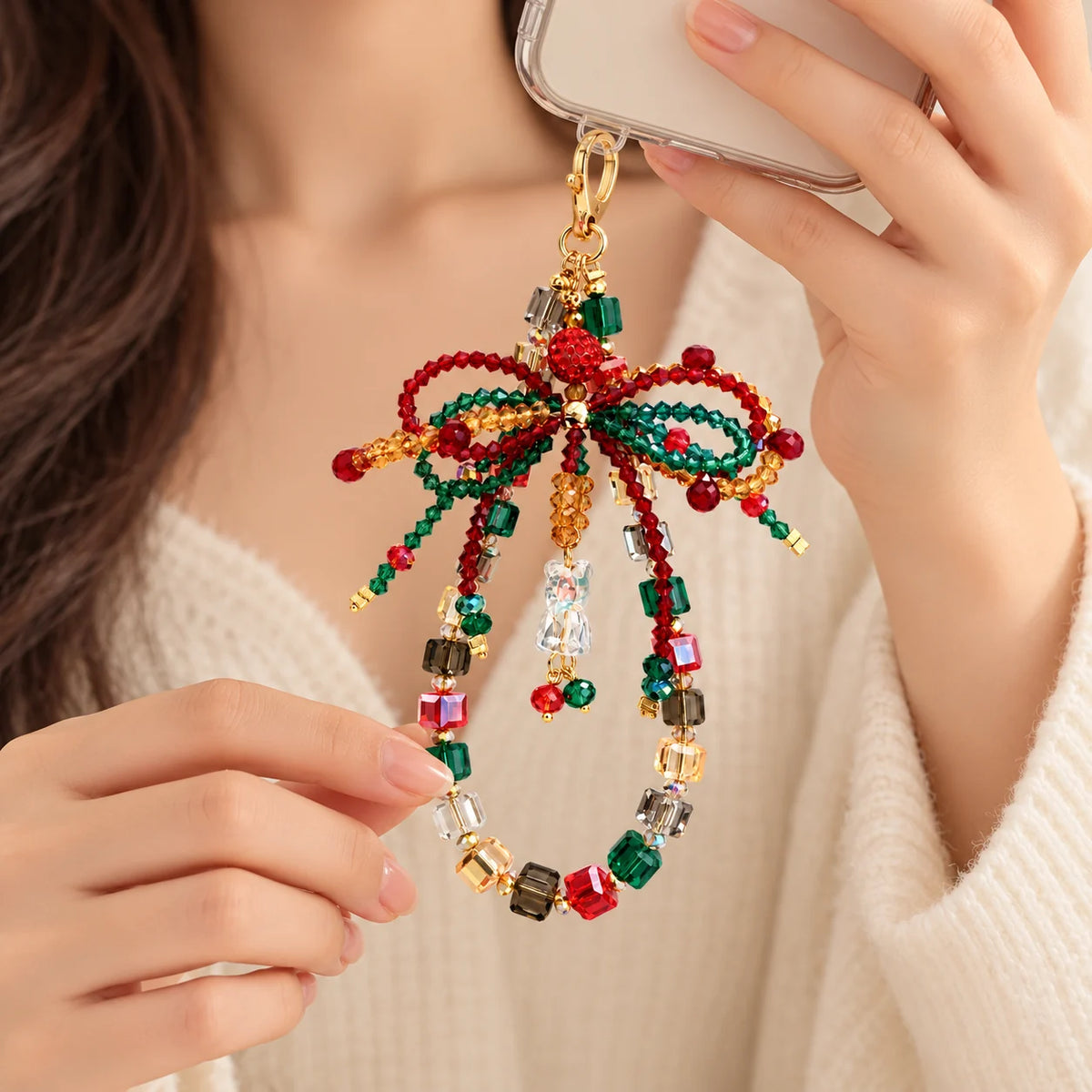 Christmas Bow Phone Charm: A Crystal-Beaded Holiday Accent