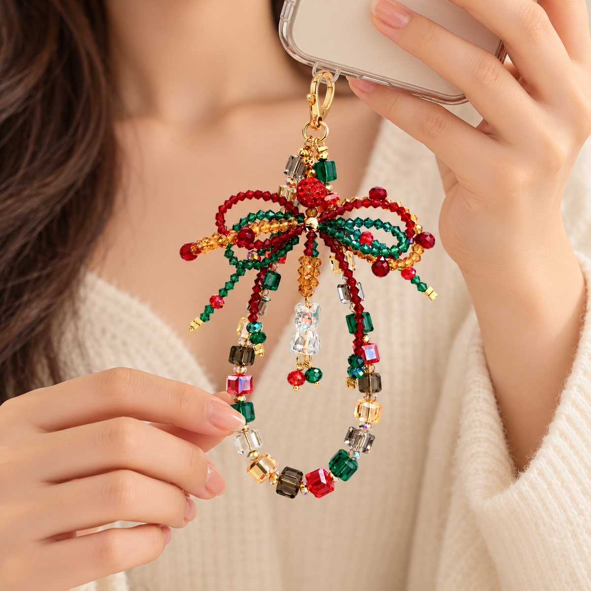 Christmas bow beaded charm hanging on handbag, handmade festive accessory with bell, for phone keys car mirror
