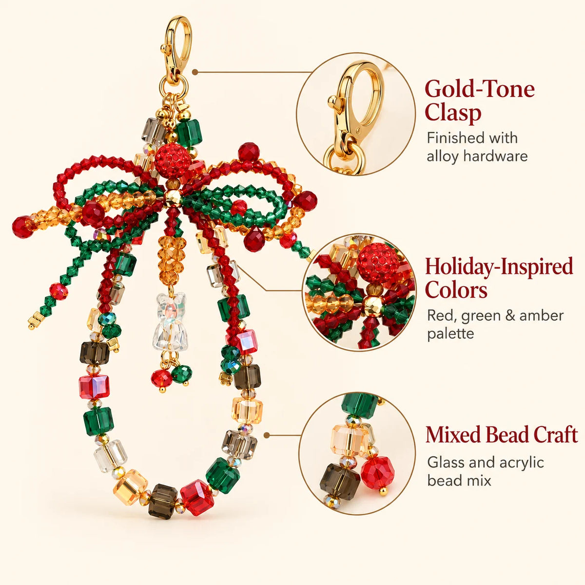 Handmade Christmas bow crystal beaded phone charm, red green festive bag key charm with bell pendant