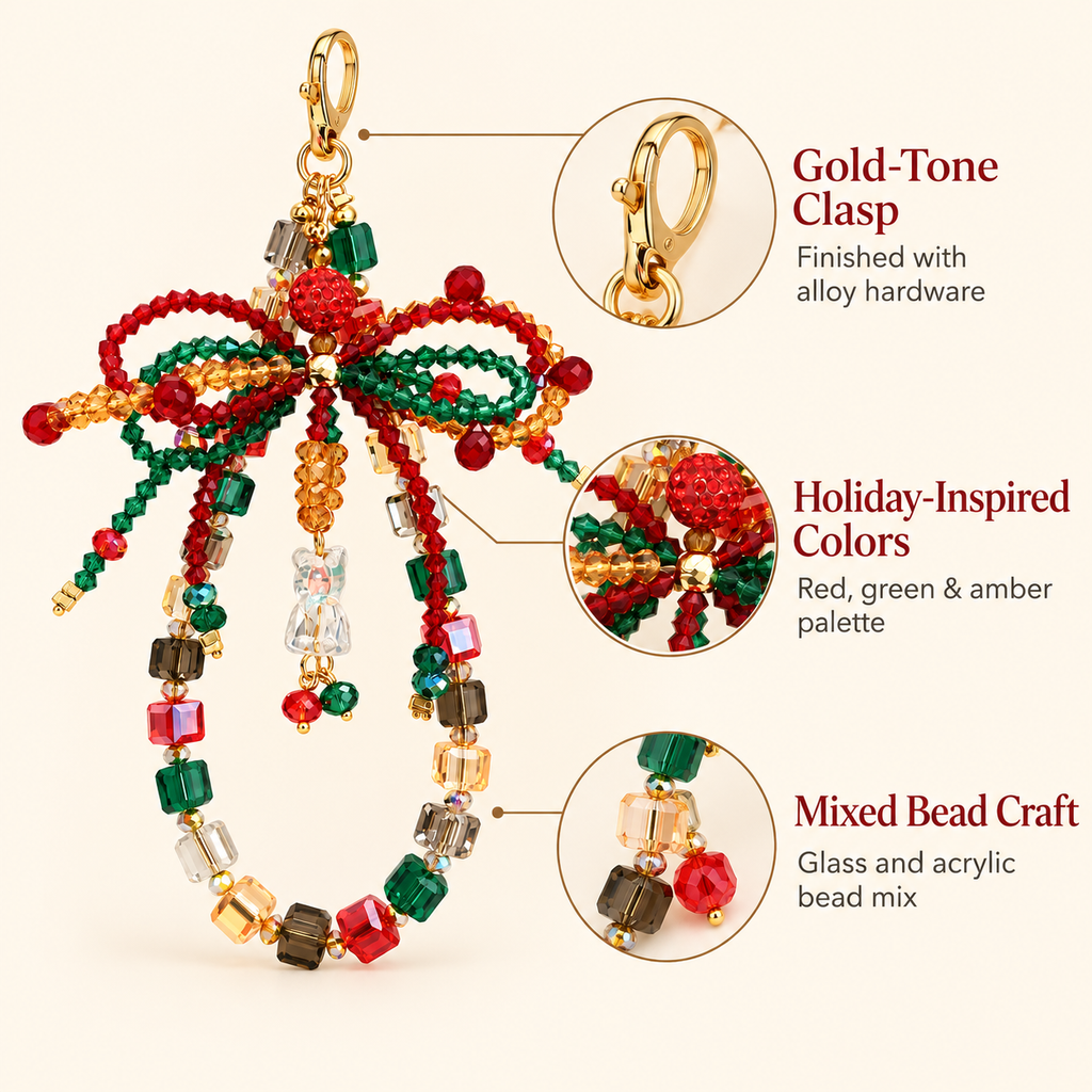 Handmade Christmas bow crystal beaded phone charm, red green festive bag key charm with bell pendant