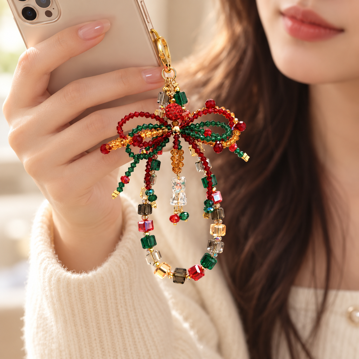 Christmas bow beaded charm hanging on handbag, handmade festive accessory with bell, for phone keys car mirror