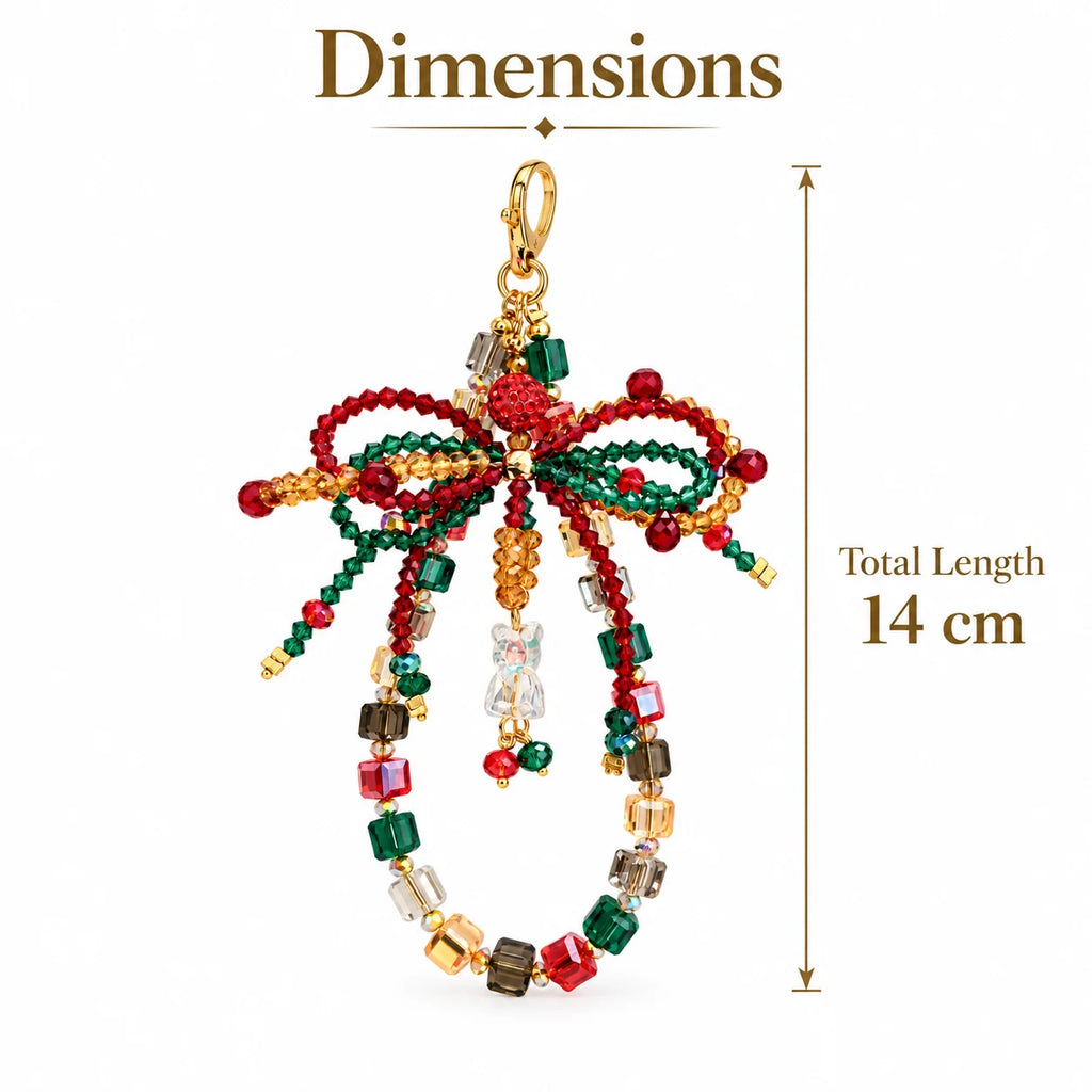 Handmade Christmas bow crystal beaded phone charm, red green festive bag key charm with bell pendant