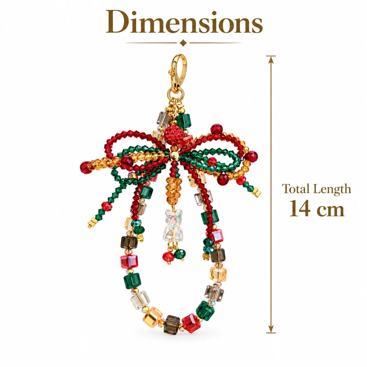 Handmade Christmas bow crystal beaded phone charm, red green festive bag key charm with bell pendant
