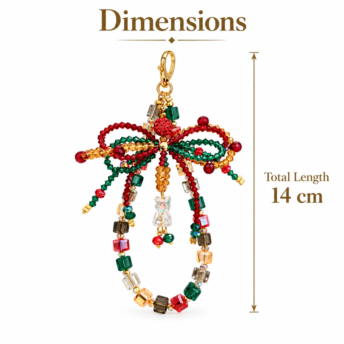 Handmade Christmas bow crystal beaded phone charm, red green festive bag key charm with bell pendant