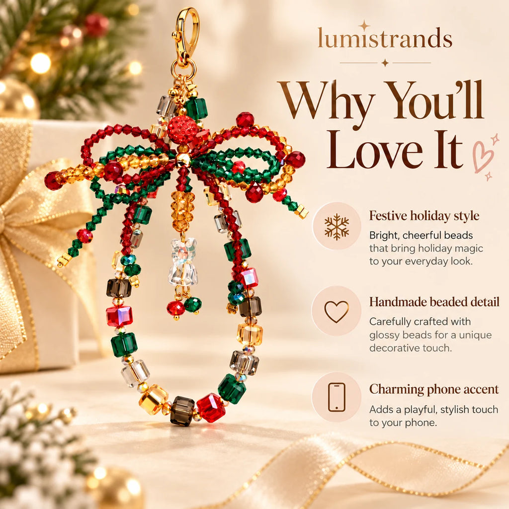Handmade red green Christmas bow phone charm attached to smartphone, crystal beaded holiday charm with bell pendant
