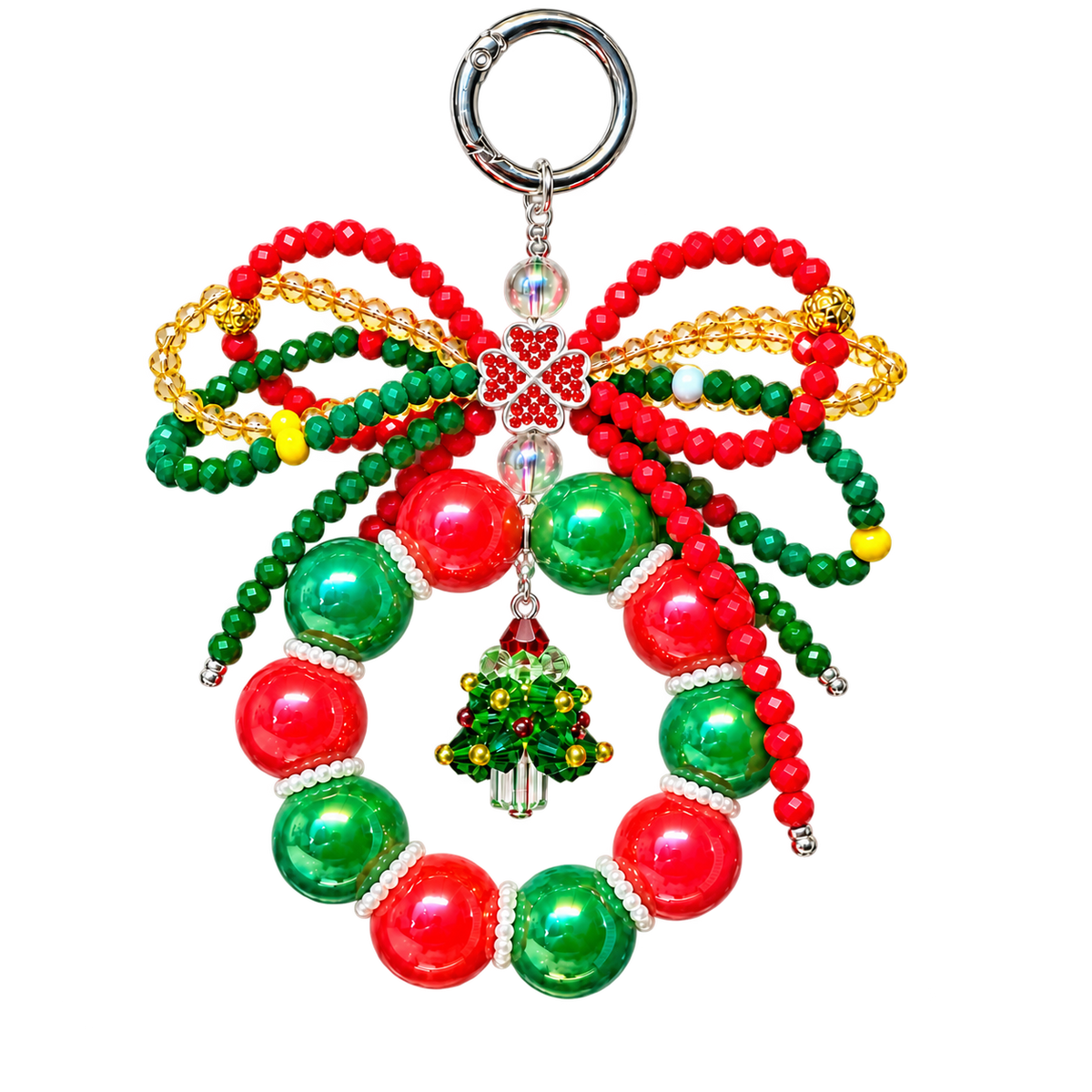 Transparent handmade Christmas wreath phone charm, red and green beaded holiday accessory