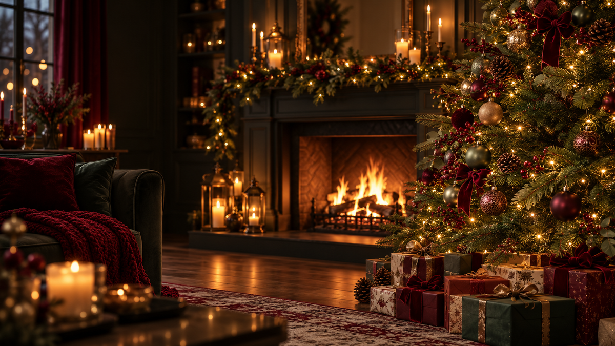 Cozy Christmas fireplace, decorated tree and wrapped gifts homepage banner background