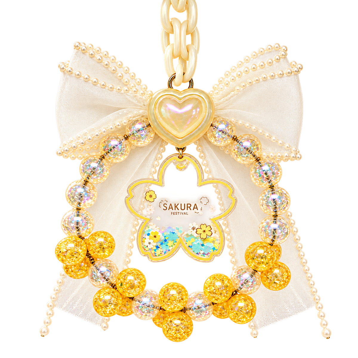 Golden sakura beaded rearview mirror charm transparent product image